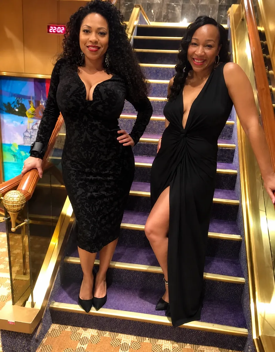 Two guests in black formal dresses posing on a gold-railed cruise ship staircase
