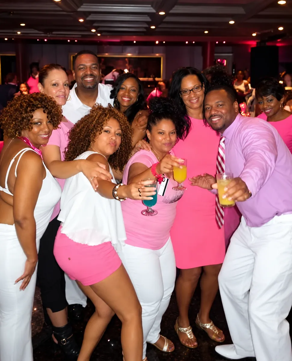 Friends in pink and white attire raising colorful drinks together at a cruise party