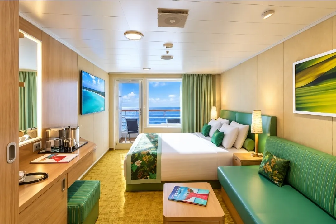 Balcony cabin with an outdoor view over the ship and sea