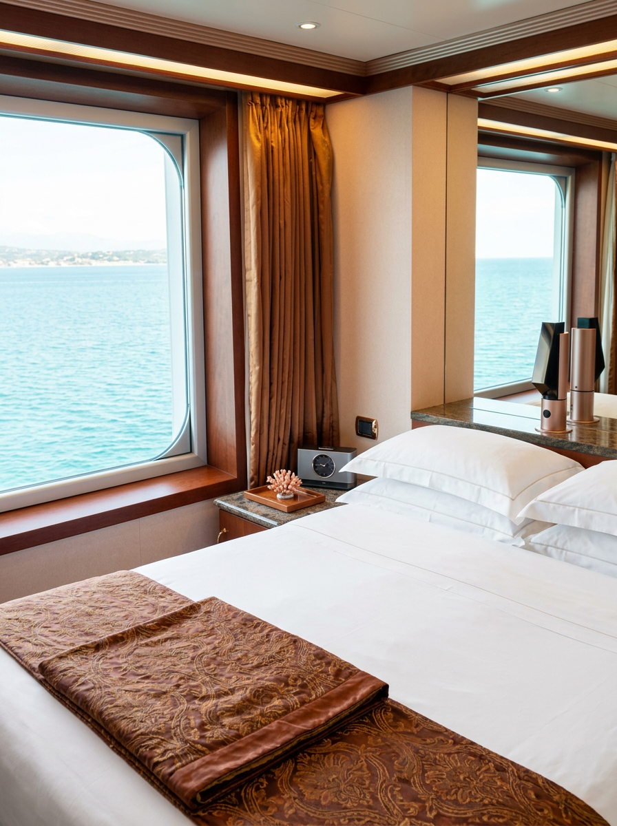 Cruise ship balcony cabin with an ocean view at sunset